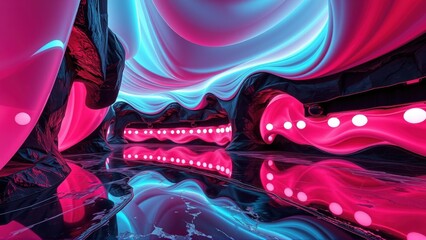 Fototapeta premium Abstract cavern glows. Pink, blue light reflects on wet surfaces creating surreal, futuristic landscape. Dramatic shadows enhance depth.