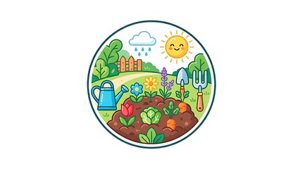 Fototapeta premium Garden scene with plants vegetables and tools illustration
