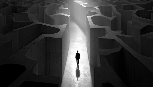 Solitary figure walks through a brightly lit path in a dark, complex maze
