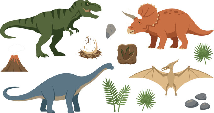 Dinosaur cartoon character illustration collection featuring tyrannosaurus rex triceratops brachiosaurus pterodactyl hatching egg fossil footprint volcano and prehistoric tropical plants vector setDin