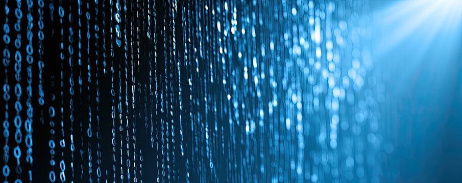 Blue digital rain of binary code cascading down, with bright light
