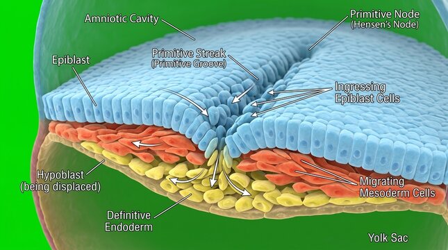 Detailed Cross-Section Illustration of Embryonic Gastrulation and Primitive Streak Formation