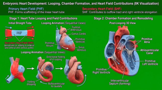 3D Medical Illustration of Heart Tube Looping and Chamber Formation in Neonatal Development