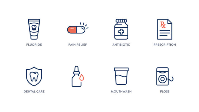Fluoride and oral medication icons &ndash; Great for medical prescription forms, dental health articles, or clinical infographics.