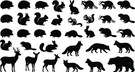 Fototapeta premium Collection of black silhouette of various wild animals on white background, hedgehog squirrel rabbit