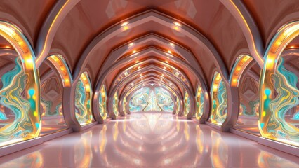 Fototapeta premium Futuristic corridor. Warm lighting illuminates curved walls, creating symmetrical perspective. Reflective floor enhances depth, inviting exploration.