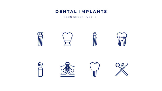 Dental implants dentistry vector icons &ndash; Suitable for titanium screw marketing, tooth replacement flyers, or prosthodontic sites.
