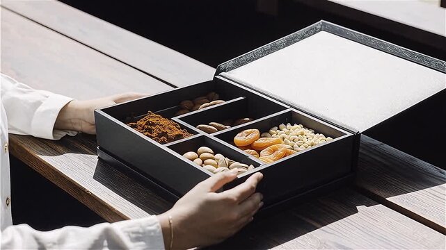 Close-up of anonymous hands arranging premium almonds, pistachios, cashews and dried figs inside a luxury Diwali gift box, wooden dining table, warm ambient lighting, authentic festive styling.
