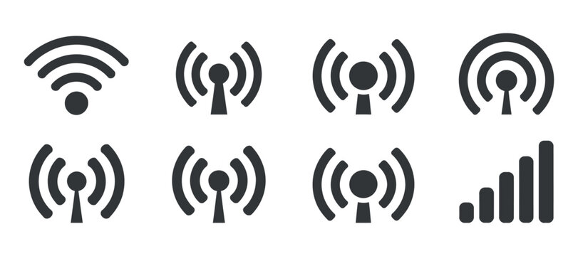 Wireless signal strength icons and cellular network bars flat pictogram set
