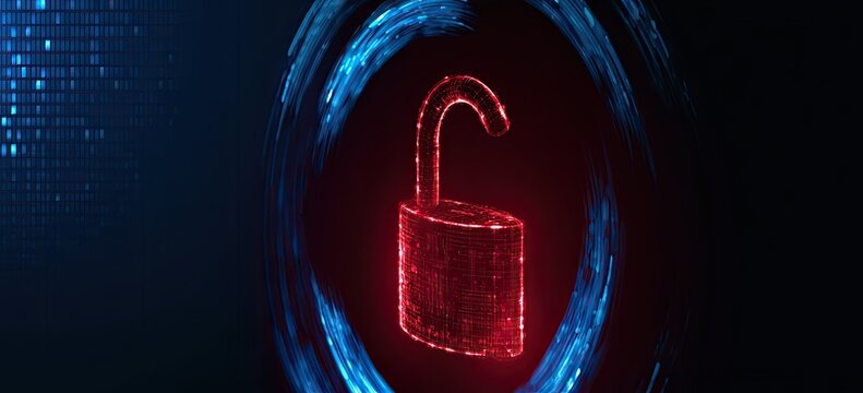 Glowing red padlock symbol opens within a blue digital vortex against dark background