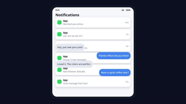 Smart App Notification Panel with Pop-up Chat Message Interface Animation