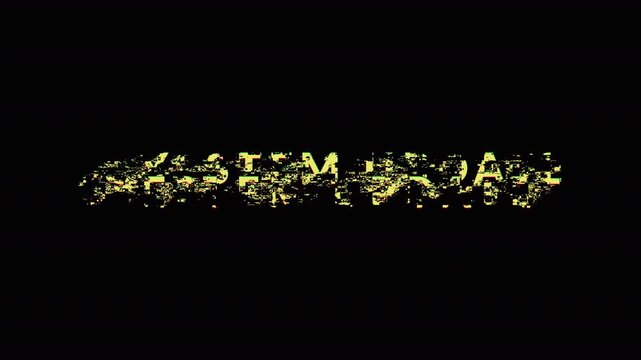 System update text glitch computer background animation. 4k black old retro pixel digital tv screen glitching effect for twitch, noise, error, distortion. system updating with alpha channel.