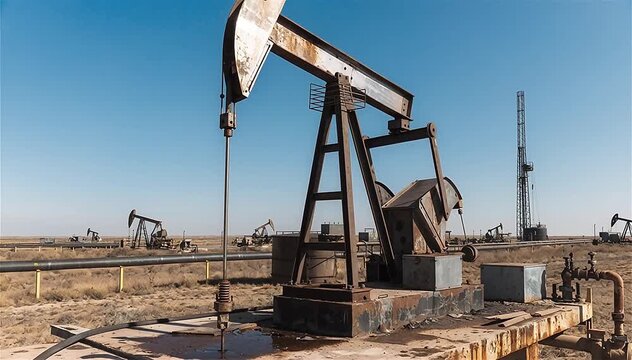 Oil Pump, Fossil Fuel Energy, Old Pumping Unit. Platform. Extraction of pumping station. Industrial oil pump jack working and pumping crude oil for fossil fuel energy with drilling rig in oil field.

