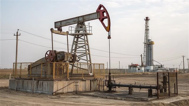 Oil Pump, Fossil Fuel Energy, Old Pumping Unit. Platform. Extraction of pumping station. Industrial oil pump jack working and pumping crude oil for fossil fuel energy with drilling rig in oil field.
