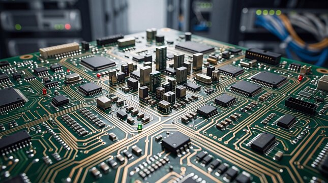Advanced green circuit board, intricate electronic components, microchip technology, and data processing hardware for computing and digital innovation