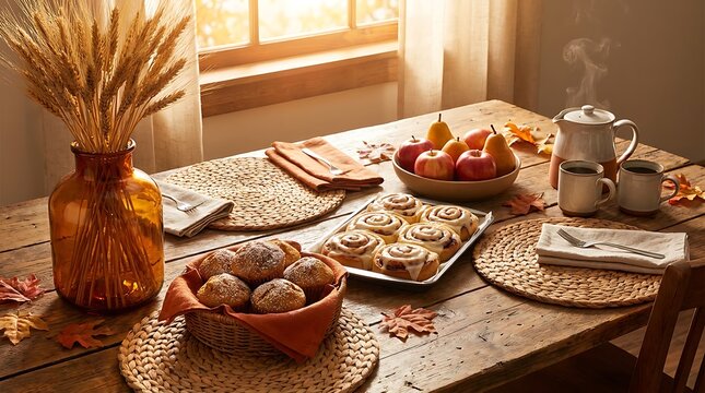 Fresh cinnamon rolls and fruit on a rustic wooden dining table in a cozy sunlit kitchen during autumn. centerpiece breakfast setup