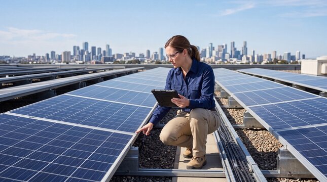 Female engineer inspecting solar panels on a rooftop, sustainable energy solutions, renewable power generation, urban infrastructure, clean technology for a modern city skyline