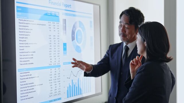 画面を見ながら会話するビジネスパーソンのグループ。会議、ミーティング、企業、商談、経営、戦略、計画