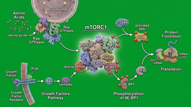 3D Medical Illustration of mTORC1 Complex Phosphorylating S6 Kinase in Cellular Signaling Pathway