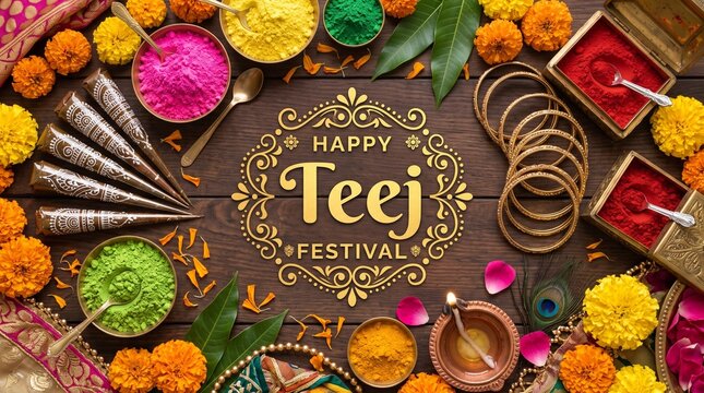 Happy Teej festival greeting card with floral design and henna art