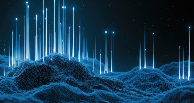 Abstract digital landscape with glowing blue light beams emerging from a textured surface