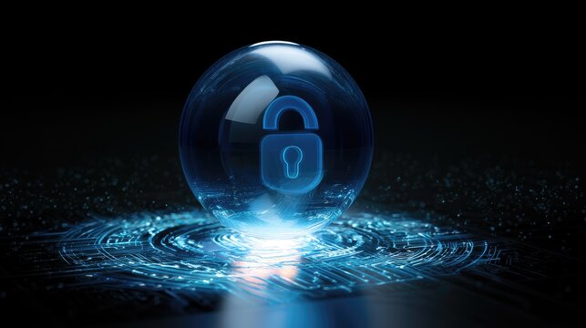 Glowing digital lock inside a glass sphere surrounded by electric circuits