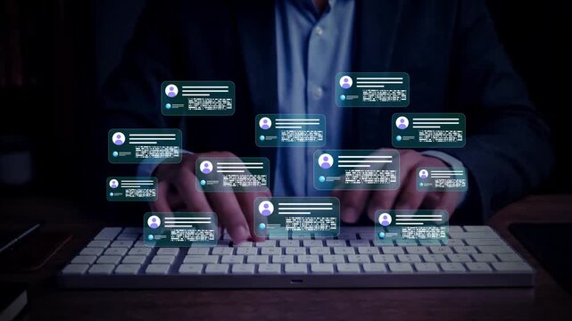Businessman using laptop with digital customer data interface for social media marketing, audience engagement, online communication, CRM management and targeted business analytics.