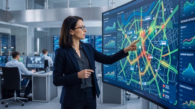 Smart City Traffic Management System, female engineer analyzing urban transportation data on a large interactive screen, modern control room, future of smart infrastructure and logistics