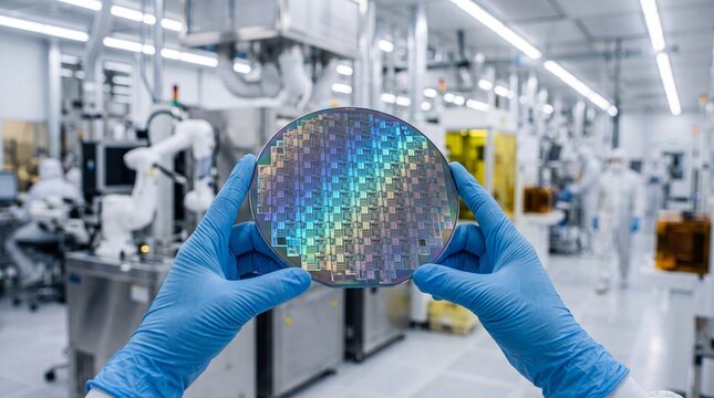Semiconductor wafer held by gloved hands in a pristine cleanroom, advanced microchip manufacturing, silicon technology, modern electronics production, high-tech industrial innovation