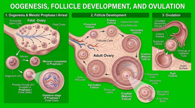Oogenesis and Follicle Development Stages in Ovary Cross Section Illustration