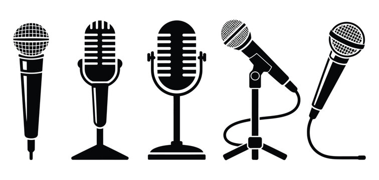 Microphone icon set, featuring black modern and classic mic symbols on white background, audio recording, podcast, broadcasting, music, and clean flat vector design.