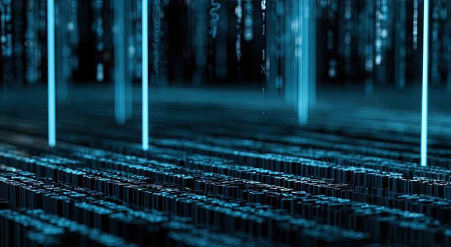 Futuristic digital grid with glowing blue data streams descending vertically