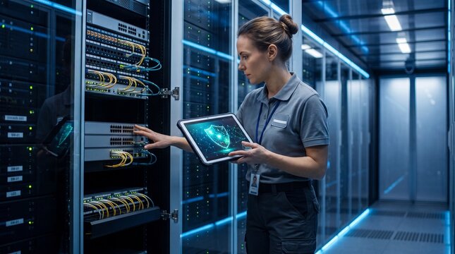 Female IT technician performing server maintenance, data center network infrastructure, cybersecurity and cloud computing management, professional woman working with digital tablet in server room