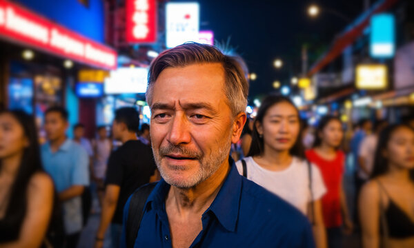 close up portrait of an older caucasian man with tears in his eyes looking distressed in a crowded neon street
