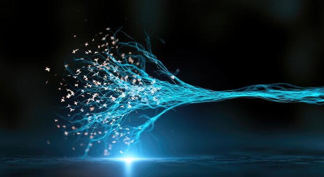 Abstract glowing blue neural network branches with sparkling particles