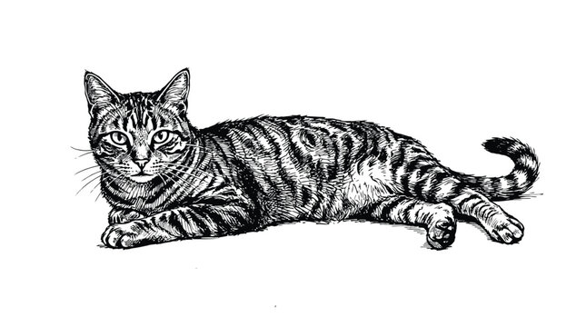 Detailed black and white ink illustration of a cute tabby cat resting in a pose