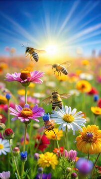 Busy bees collecting nectar from a colorful array of flowers in a sunny meadow