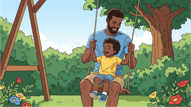 Man pushing little boy on swing in green park with trees