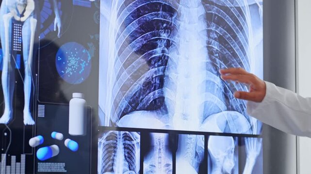 A group of male and female doctors holding a meeting while looking at a screen. Medical care, hospital, X-ray, examination, diagnosis, treatment, consultation, electronic medical records.