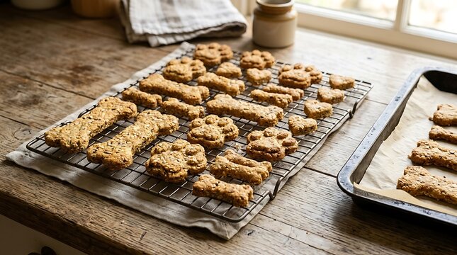 Freshly baked brown bone shaped dog treats cooling on a wire rack on a rustic wooden kitchen table. canine baking guide