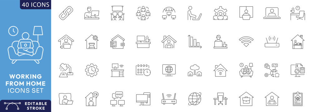 Working from home icon set. Contains icons related to remote working, freelance, hybrid work, work at home, Etc. Fully Editable. Vector illustration