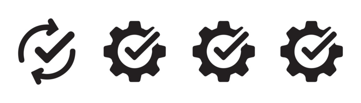 Set of circular arrow symbols and gear icons with check marks for status updates and performance.