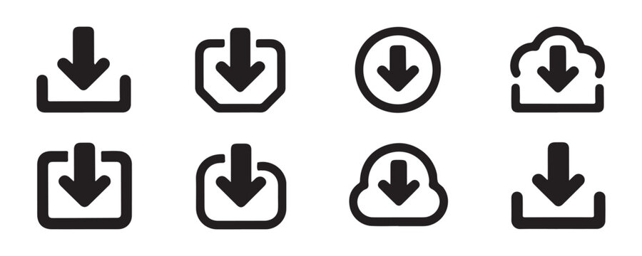 Black download icon set collection in different styles and shapes on transparent background isolated.