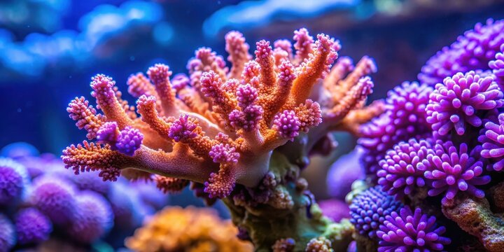 Vibrant purple and orange colors of Stylophora colorful SPS coral growing on a branch in a saltwater aquarium reef tank