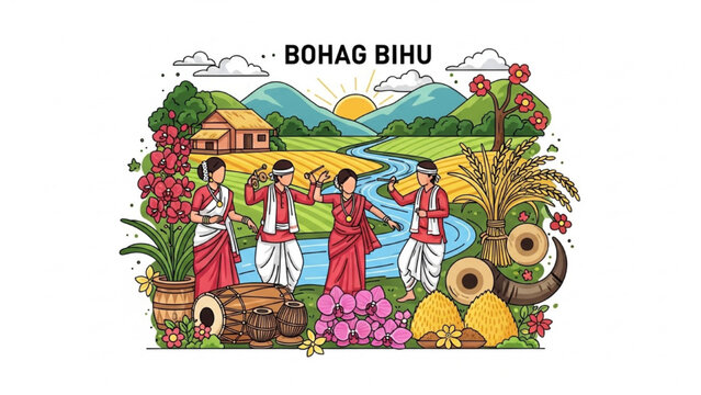 People celebrate Bohag Bihu with traditional dance near a river surrounded by plants and flowers