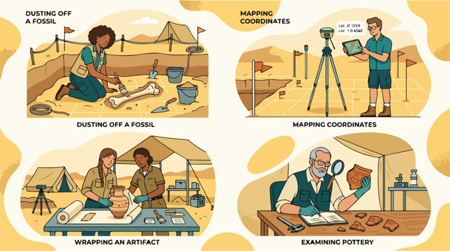 Archaeological Excavation Process Showing Fieldwork Scientists Discovering Artifacts and Fossils at a Desert Research Site