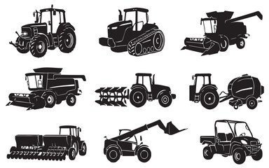 Obraz premium Modern farm vehicles and agricultural machinery icons set on white background