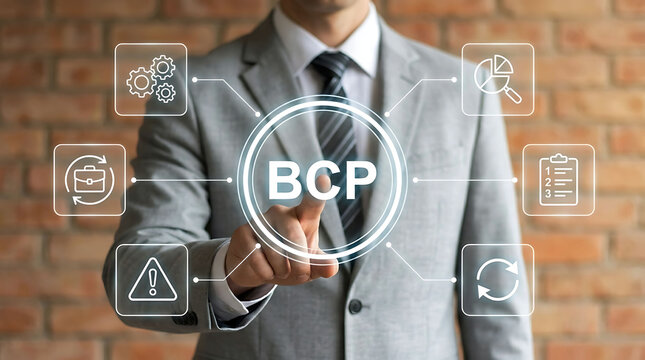 Business continuity plan concept with BCP acronym on virtual screen