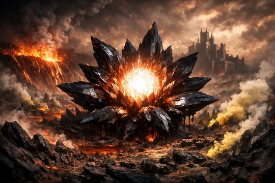 Wide-angle landscape of a giant alien flower with obsidian petals and white-hot plasma core. Underworld scenery with sulfur clouds and a brutalist hell fortress in the distance