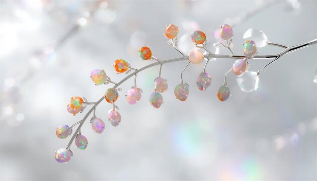 Cascading wisteria branch made of platinum and Australian fire opals with micro-pave diamonds. Iridescent rainbow glow in an ethereal white atmosphere. Dreamy and expensive jewelry art
